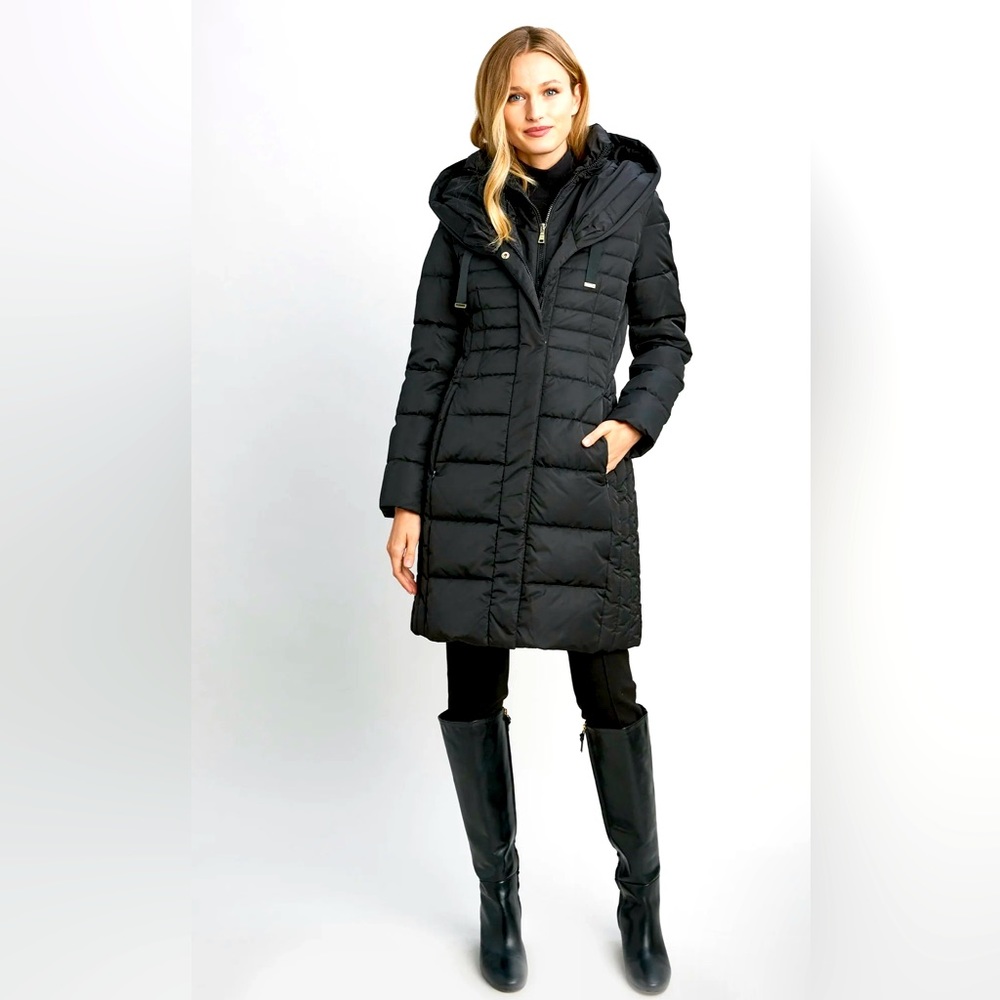 Tahari Womens Hooded Cork/Taupe Zip Fitted Puffer Coat Jacket Long XS